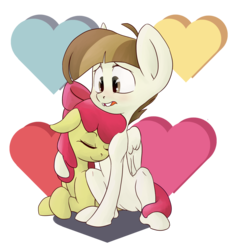 Size: 1200x1274 | Tagged: safe, artist:postscripting, apple bloom, featherweight, earth pony, pegasus, pony, g4, blushing, cross-eyed, cuddling, cute, eyes closed, female, floppy ears, hearts and hooves day, hug, male, neck nuzzle, nuzzling, open mouth, prone, ship:featherbloom, shipping, simple background, sitting, smiling, snuggling, straight, transparent background, valentine's day