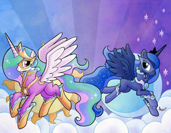 Size: 1280x991 | Tagged: safe, artist:agnesgarbowska, princess celestia, princess luna, g4, clothes, cloud, cloudy, costume, mask, moon, stars, sun, superhero, superhero celestia