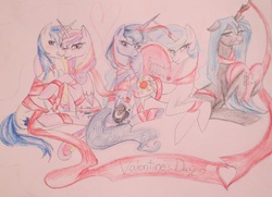 Size: 1280x925 | Tagged: artist needed, safe, princess cadance, princess celestia, princess luna, queen chrysalis, shining armor, alicorn, changeling, pony, unicorn, g4, traditional art