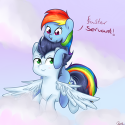 Size: 1500x1500 | Tagged: safe, artist:chiweee, rainbow dash, soarin', pegasus, pony, g4, blushing, cute, dashabetes, dialogue, female, flying, male, mare, ponies riding ponies, rainbow dash riding soarin, riding, ship:soarindash, shipping, stallion, straight