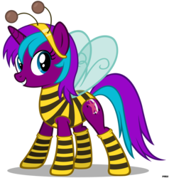 Size: 3800x4000 | Tagged: safe, artist:a4r91n, oc, oc only, oc:starnight, bee, pony, unicorn, animal costume, bee costume, clothes, costume, female, mare, simple background, socks, solo, striped socks, suit, transparent background, vector