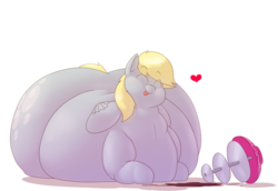 Size: 1280x880 | Tagged: safe, artist:secretgoombaman12345, derpy hooves, original species, pegasus, pony, aderpose, butt, chocolate, digestion, fat, fat fetish, female, fetish, heart, impossibly large butt, impossibly wide hips, mare, morbidly obese, obese, plot, solo, tongue out, vore, weight gain, wide hips