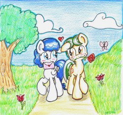 Size: 1359x1270 | Tagged: safe, artist:iluvvanellope, oc, oc only, oc:loofah, oc:rainy days, earth pony, pegasus, pony, female, heart, hearts and hooves day, male, present, rose, shipping, straight, traditional art, valentine's day