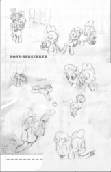Size: 1320x2040 | Tagged: safe, artist:pony-berserker, caramel, rainbow dash, spike, sweetie belle, dragon, earth pony, pegasus, pony, unicorn, comic:age (in)appropriate, g4, book, comic, monochrome, plushie, ship:spikebelle, shipping, sketch, traditional art