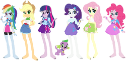 Size: 1024x497 | Tagged: safe, artist:chipmunkraccoon2, applejack, pinkie pie, rainbow dash, rarity, spike, twilight sparkle, dog, equestria girls, g4, barefoot, eqg promo pose set, feet, spike the dog