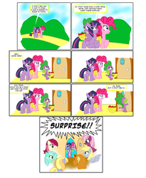 Size: 1968x2400 | Tagged: safe, artist:nessvii, artist:sorathecity-slicker, carrot top, cheerilee, cloud kicker, derpy hooves, golden harvest, lyra heartstrings, pinkie pie, roseluck, spike, twilight sparkle, pegasus, pony, comic:the surprise party, g4, apple, comic, dialogue, female, food, mare, surprise party