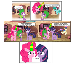 Size: 1959x1744 | Tagged: safe, artist:nessvii, artist:sorathecity-slicker, bon bon, pinkie pie, spike, sweetie drops, twilight sparkle, comic:the surprise party, g4, comic, dialogue, hat, party hat, wink