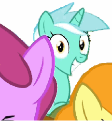 Size: 411x441 | Tagged: safe, berry punch, berryshine, carrot top, golden harvest, lyra heartstrings, earth pony, pony, unicorn, g4, animated, bouncing, derp, female, irrational exuberance, looking at you, lyra doing lyra things, smiling
