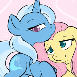 Size: 1000x1000 | Tagged: safe, artist:theparagon, fluttershy, trixie, pegasus, pony, unicorn, ask trixie, g4, female, lesbian, mare, neck nuzzle, nuzzling, shipping, smiling, trixieshy