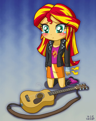 Size: 656x826 | Tagged: safe, artist:uotapo, sunset shimmer, human, equestria girls, g4, adventure in the comments, anime battle thread, bandage, chibi, crying, female, guitar, musical instrument, roleplay in the comments, solo, sunset shredder