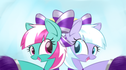 Size: 1024x573 | Tagged: safe, artist:acersiii, lilac sky, spring step, sunlight spring, pegasus, pony, g4, bow, cheerleader, duo, duo female, female, hair bow, looking at each other, mare, open mouth, pom pom