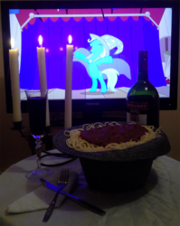 Size: 846x1062 | Tagged: safe, artist:wicked-at-heart, trixie, g4, /mlp/, 2014, 4chan, candle, drink, food, otaku date, photo, spaghetti, waifu dinner, wine