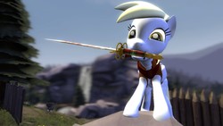 Size: 1366x768 | Tagged: safe, artist:thundergodpony, derpy hooves, pegasus, pony, g4, 3d, female, gmod, mare, mouth hold, solo, sword