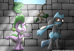 Size: 3500x2400 | Tagged: safe, artist:erockertorres, spike, riolu, g4, crossover, pokémon