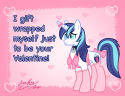 Size: 924x708 | Tagged: safe, artist:jacksterqueen, shining armor, pony, unicorn, g4, ask-dominatrix-cadance, bow, clothes, collar, crossdressing, male, solo, stockings, tail bow, valentine, valentine's day, valentine's day card