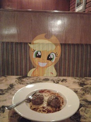 Size: 680x907 | Tagged: safe, applejack, earth pony, pony, g4, cheese, cute, female, food, fork, grin, head tilt, imagination, irl, jackabetes, looking at you, mare, meat, meatball, meme, offscreen character, otaku date, photo, plate, ponies in real life, pov, smiling, solo, spaghetti, squee, waifu, waifu dinner