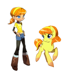 Size: 480x550 | Tagged: safe, artist:bnob, human, pony, april o'neil, blushing, clothes, female, headband, human ponidox, low ponytail, mare, pantyhose, ponified, ponytail, raised hoof, short ponytail, shorts, smiling, solo, teenage mutant ninja turtles, tmnt 2012