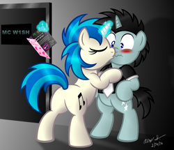 Size: 2642x2269 | Tagged: safe, artist:aleximusprime, dj pon-3, neon lights, rising star, vinyl scratch, pony, unicorn, g4, backwards cutie mark, bipedal, bipedal leaning, blushing, butt, duo, female, holiday, kiss on the lips, kissing, leaning, male, mare, plot, ship:vinylights, shipping, stallion, straight, surprise kiss, valentine, valentine's day