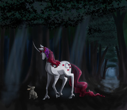 Size: 1050x911 | Tagged: safe, artist:ty-chou, moondancer (g1), classical unicorn, rabbit, g1, female, forest, horn, leonine tail, solo