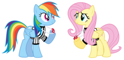 Size: 1024x498 | Tagged: safe, artist:masem, fluttershy, rainbow dash, pegasus, pony, g4, female, hoof hold, mare, rainbow dashs coaching whistle, referee, referee fluttershy, referee rainbow dash, simple background, transparent background, whistle, whistle necklace