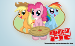 Size: 900x563 | Tagged: safe, artist:blue-von, applejack, pinkie pie, rainbow dash, earth pony, pegasus, pony, g4, american pie, applejack's hat, cowboy hat, female, hat, mare, movie poster, parody, pie, stetson, trio