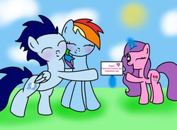 Size: 1024x751 | Tagged: safe, rainbow dash, soarin', oc, g4, blushing, female, hug, male, ship:soarindash, shipping, straight