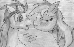 Size: 1024x650 | Tagged: safe, artist:shadowdash0, rainbow dash, soarin', g4, blushing, female, male, monochrome, ship:soarindash, shipping, straight, traditional art