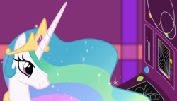 Size: 11200x6400 | Tagged: safe, artist:parclytaxel, princess celestia, alicorn, pony, g4, .svg available, absurd resolution, bust, cern, female, large hadron collider, mare, physics, portrait, science, smiling, solo, sparkles, vector