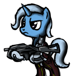 Size: 493x498 | Tagged: safe, artist:tetrapony, trixie, pony, g4, bipedal, female, gun, m-15 vindicator, mass effect, parody, rifle, solo