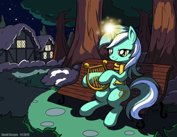 Size: 1650x1276 | Tagged: safe, artist:latecustomer, lyra heartstrings, pony, unicorn, g4, bench, clothes, female, glowing, lyre, mare, musical instrument, night, scarf, sitting, smiling, snow, solo, tree, winter