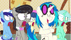 Size: 900x506 | Tagged: safe, artist:animatedjames, bon bon, dj pon-3, lyra heartstrings, minuette, octavia melody, sweetie drops, vinyl scratch, earth pony, pony, unicorn, g4, animated, bowtie, female, if bo burnham was on mlp:fim, laughing, loop, mare, open mouth, reaction image, shocked, shrunken pupils, varying degrees of amusement, wide eyes, youtube, youtube link