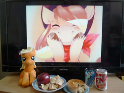 Size: 1229x922 | Tagged: safe, artist:loyaldis, applejack, g4, food, otaku date, photo, waifu dinner