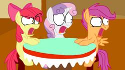 Size: 1017x574 | Tagged: safe, artist:animatedjames, apple bloom, scootaloo, sweetie belle, earth pony, pegasus, pony, unicorn, g4, confused, cutie mark crusaders, female, filly, foal, if bo burnham was on mlp:fim, reaction image, shocked, spread wings, what am i even looking at, what the hay?, wingboner, wings
