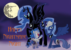 Size: 1024x724 | Tagged: safe, artist:megablack0x, nightmare moon, princess luna, moonstuck, g4, accessory swap, alternate hairstyle, cartographer's cap, cute, filly, happy halloween, hat, lunar trinity, mane swap, multeity, nightmare mlem, nightmare night, nightmare woon, raised hoof, s1 luna, tongue out, triality, woona