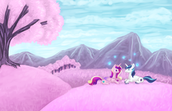 Size: 2815x1815 | Tagged: safe, artist:wolframclaws, princess cadance, shining armor, alicorn, pony, g4, female, lying down, male, mare, prone, stallion