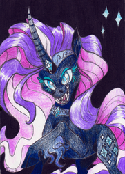 Size: 600x831 | Tagged: safe, artist:xenon, nightmare rarity, g4, fangs, female, solo, traditional art