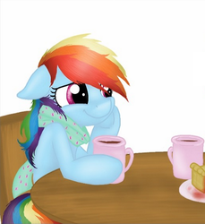 Size: 493x539 | Tagged: safe, artist:nicolethebluepony, rainbow dash, pegasus, pony, g4, breakfast, cake, chair, clothes, coffee, cute, dashabetes, dining, female, floppy ears, happy, hoof hold, mare, mug, scarf, simple background, smiling, solo, table, white background