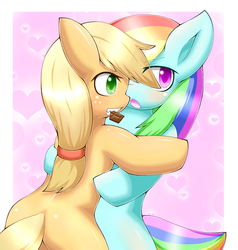 Size: 877x920 | Tagged: safe, artist:runamon, applejack, rainbow dash, g4, blushing, chocolate, female, hearts and hooves day, lesbian, mouth hold, pixiv, ship:appledash, shipping