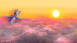 Size: 1024x576 | Tagged: safe, artist:chung-sae, rainbow dash, pegasus, pony, g4, cloud, cloudy, female, flying, looking back, mare, sky, solo, spread wings, sun, sunset, wings