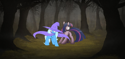 Size: 1500x708 | Tagged: safe, artist:ncmares, trixie, twilight sparkle, g4, butt, forest, missing cutie mark, plot