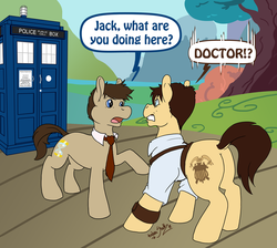 Size: 900x808 | Tagged: safe, artist:rottingroot, doctor whooves, time turner, g4, jack harkness, ponified