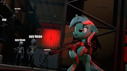 Size: 960x540 | Tagged: safe, artist:d0ntst0pme, edit, bon bon, lyra heartstrings, sweetie drops, alien, pony, unicorn, g4, 3d, ayy lmao, caption, gmod, gun, not sfm, roflbot, sectoid, x-com