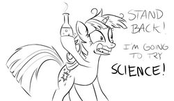 Size: 1100x640 | Tagged: safe, artist:ponytron5000, twilight sparkle, g4, female, grin, hoof hold, insanity, lineart, messy mane, monochrome, potion, science, sketch, smiling, solo, standing, twilight snapple, wide eyes