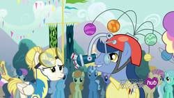 Size: 1920x1080 | Tagged: safe, screencap, bon bon, candy mane, carrot top, circus peanut, golden harvest, linky, lyra heartstrings, pokey pierce, ponet, rainbowshine, shoeshine, sugar cookie, sweetie drops, g4, simple ways, goggles, hair bun, helmet, microscope, mobile, planetary bob, wonderbolt trainee uniform