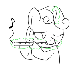 Size: 500x500 | Tagged: safe, artist:spicyhamsandwich, sweetie belle, pony, unicorn, g4, female, flute, lineart, magic, music notes, musical instrument, one eye closed, sketch, solo, telekinesis