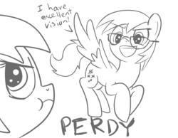 Size: 900x700 | Tagged: safe, artist:spicyhamsandwich, derpy hooves, oc, oc:perdy, pegasus, pony, g4, duality, evil twin, female, glasses, lineart, mare, monochrome