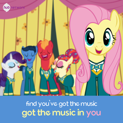 Size: 550x550 | Tagged: safe, screencap, big macintosh, fluttershy, rarity, toe-tapper, torch song, earth pony, pony, filli vanilli, g4, caption, clothes, male, ponytones outfit, stallion