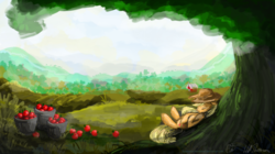 Size: 4000x2244 | Tagged: safe, artist:applemarshmallows, applejack, g4, apple, basket, female, resting, sleeping, solo, sweet apple acres, tree, working
