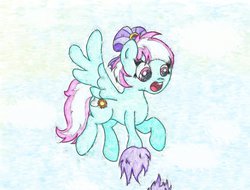 Size: 1024x778 | Tagged: safe, artist:porcelainparacite, spring step, sunlight spring, g4, female, flying, gasp, pom pom, solo, traditional art