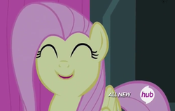 Size: 756x478 | Tagged: safe, screencap, fluttershy, filli vanilli, g4, female, happy, hub logo, solo